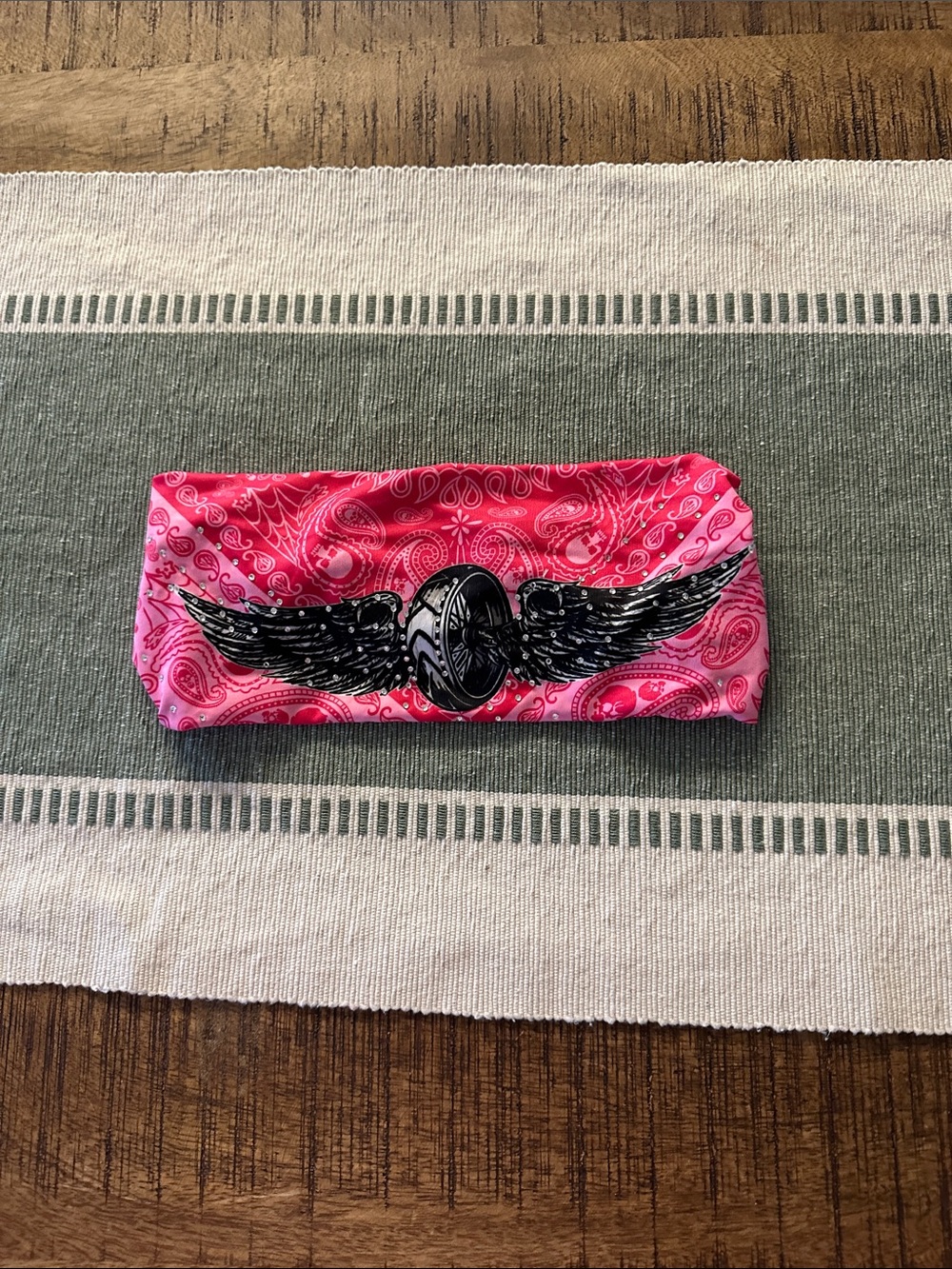 Pink Paisley Headband with Black Winged Emblem